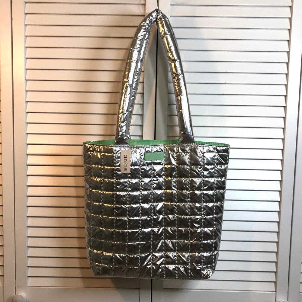 NWT Clinique Limited Edition Y2K Silver Minimalist Puffer Tote Shoulder Bag